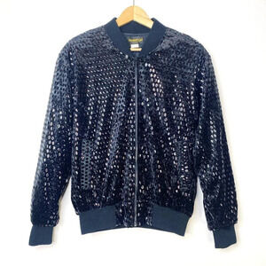 Vintage Monaliza Black Velvet Sequins Embellished Bomber Jacket XL Disco Rock